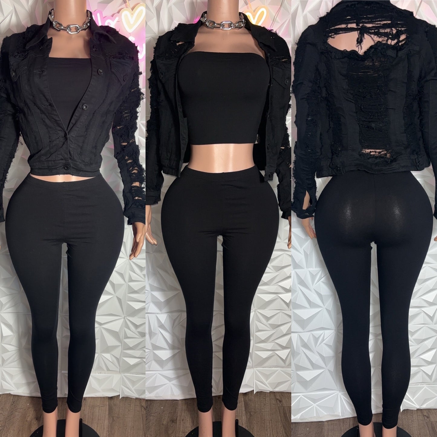 3 piece tube and denim jacket set (black)