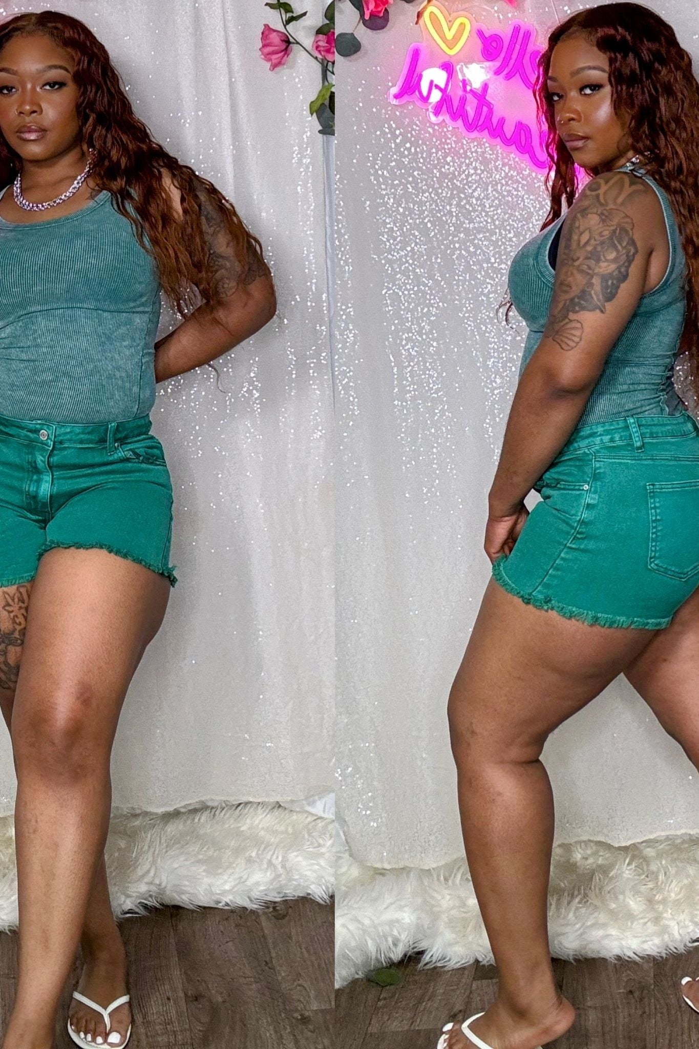 Acid wash denim short set (Green)