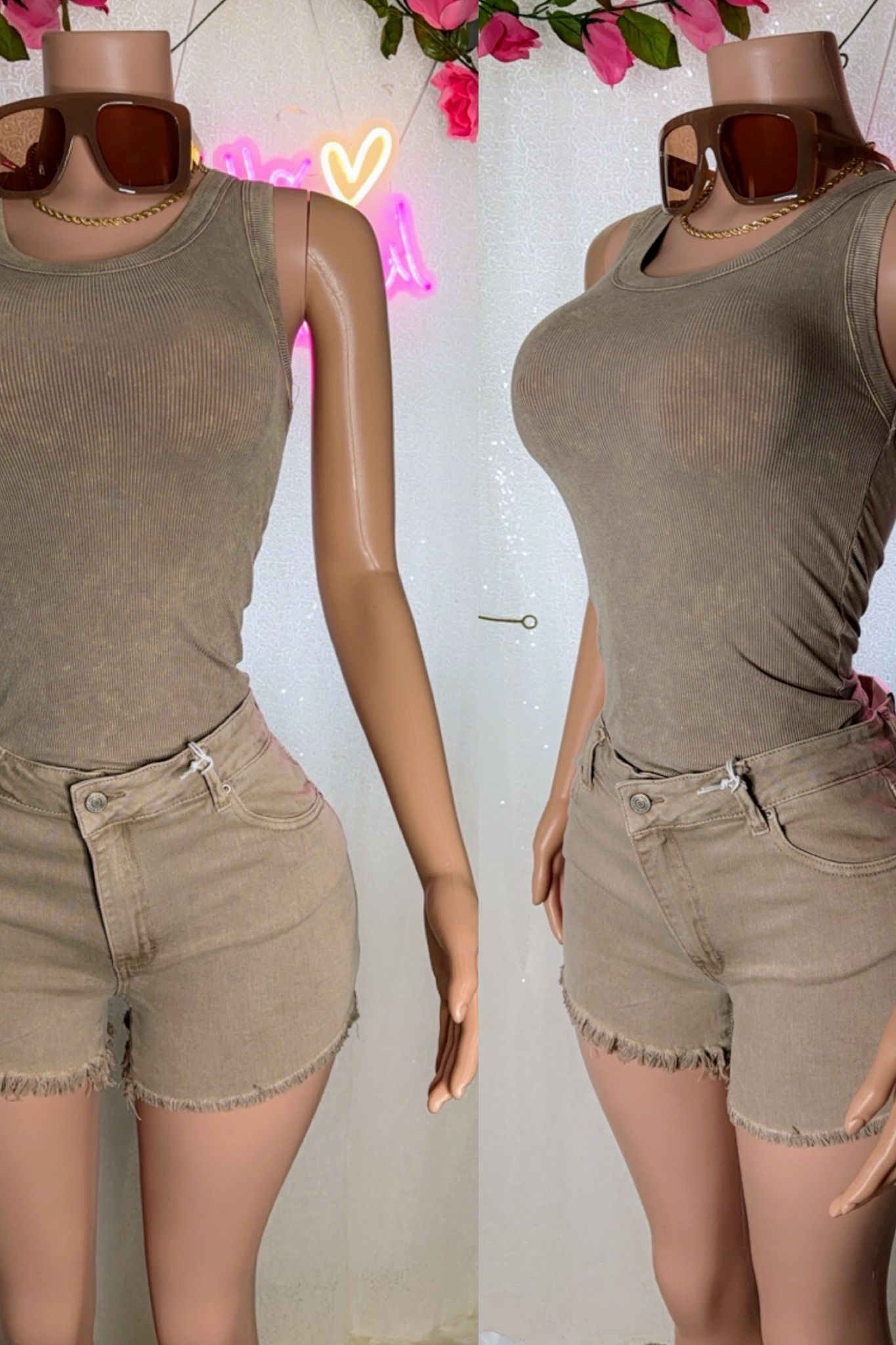 Acid wash denim shorts set (Ash Mocha)
