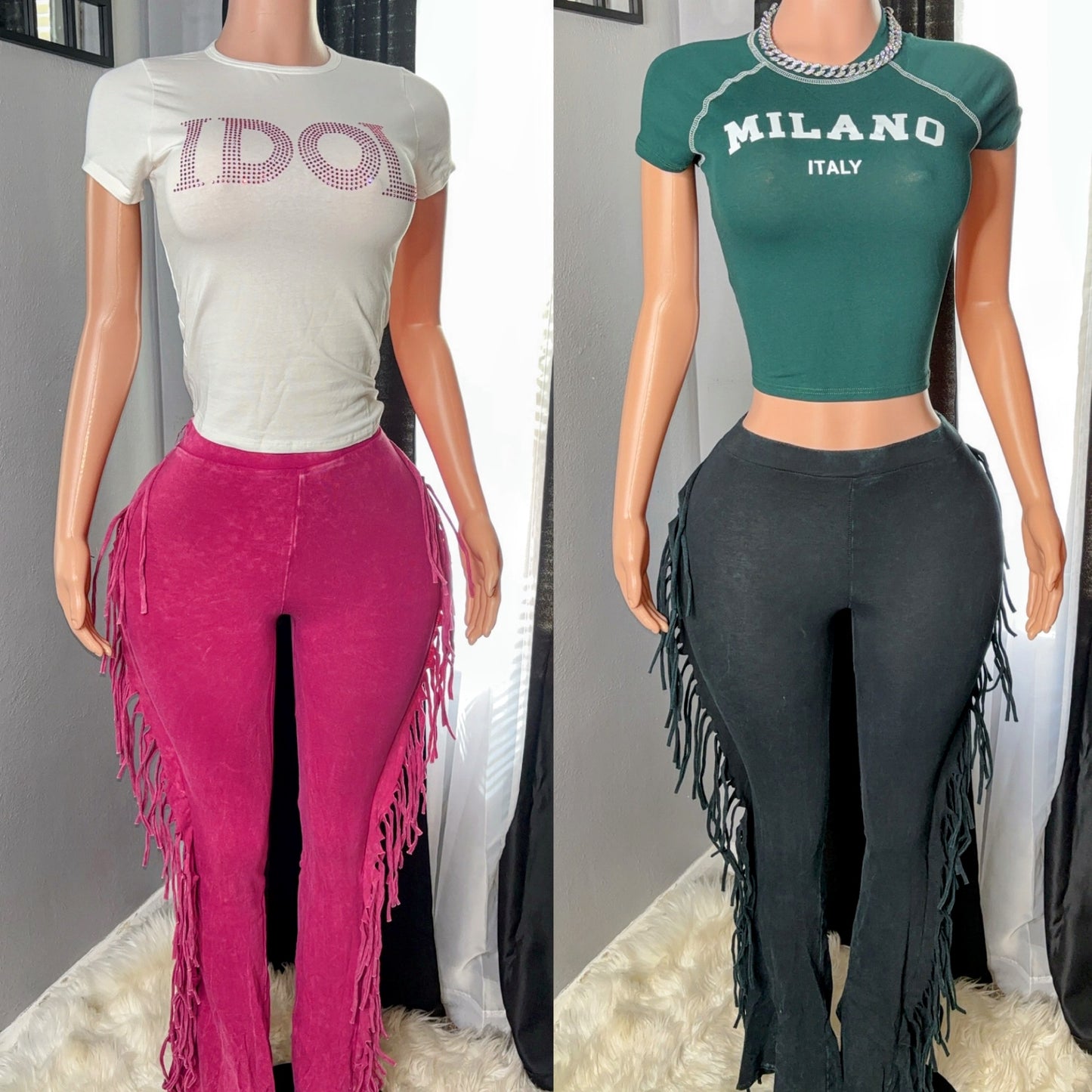 Acid wash fringe pants only