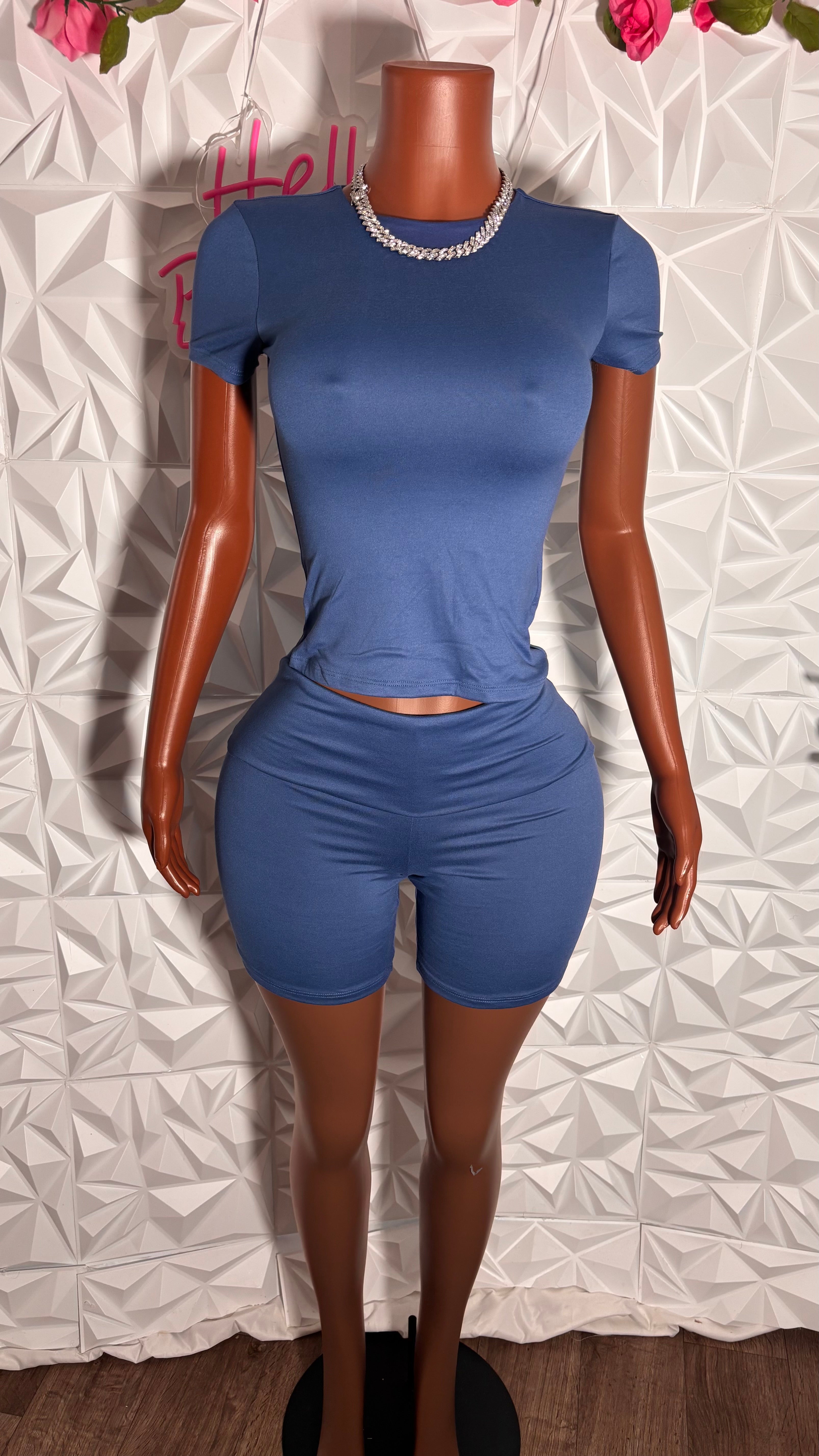 3 piece shorts set with headband (Blue)
